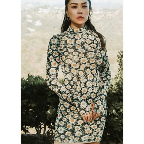 AFRM Women's Afrm Mari Print Long Sleeve Turtleneck Mesh Body-Con Dress Size S - Picture 4 of 4